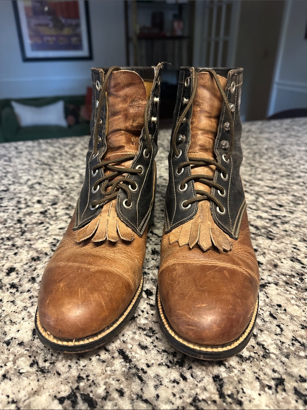 Justin Boots Two-Tone Brown and Black Lace-Up Fringe Boots